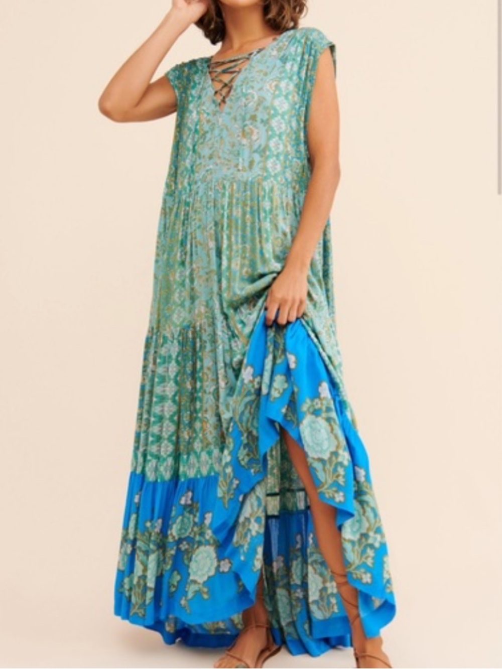 Free People Sz L Dress Hanalei Bay Bohemian Floral Lace-Up Maxi Teal Blue